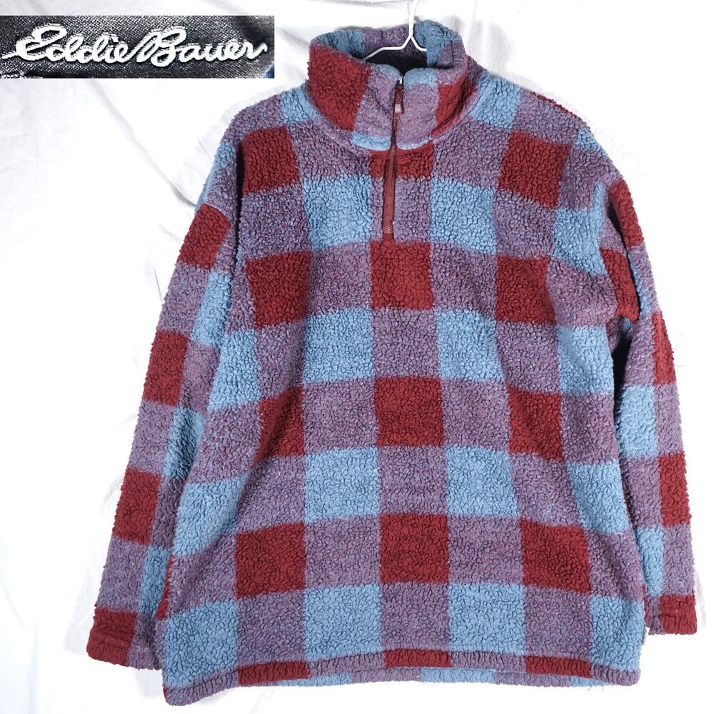 Eddie Bauer Fleece Quarter Zip Jacket Plaid Red Blue Womens Large